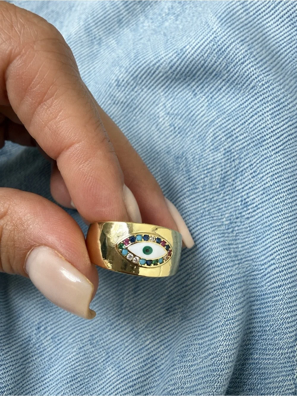 Gold Evil Eye Band Ring with Multicolor Stones